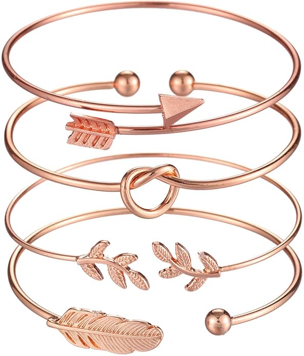Starain 4Pcs Rose Gold Bracelets for Women Simple Leaf Arrow Feather Knot Heart Bangle Bracelet Adjustable Cuff Bracelet Set