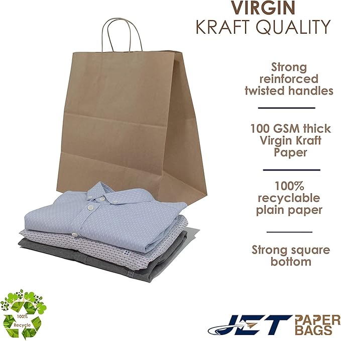 JET PAPER BAGS - 14”x9”x16” Inch [200 Pcs] Large Brown Paper Bags with Handles Prime for Takeout, Grocery, Goody, Retail, Party, Gifts, Weddings