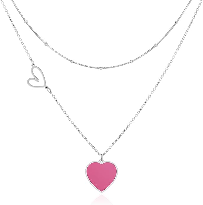 Linawe Layered Choker Heart Pendant Necklace for Women Trendy, Gold/Silver/Rose Gold Chain Stainless Steel Stacked Necklaces, Double Heart Necklace Y2K Preppy Jewelry