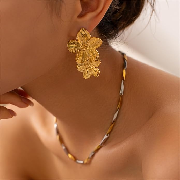 Flower Earrings for Women,Boho Statement Large Double Flower Earrings Trendy Chunky Floral Stud Earrings Elegant Chic