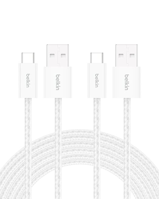 Belkin USB A to USB C Cable 2-Pack, 9.9ft, 15W - Type C Charger, iPhone Charger Cord, Soft, Braided, Flexible for iPhone 16 & 15, Galaxy S25, Pixel 9, iPad Pro, Airpods Pro, Switch & More - White