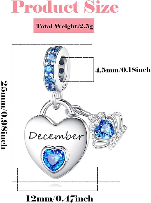 Birthstone Charms for Charms Bracelet: 925 Sterling Silver Heart Dangle Charms for Bracelets and Necklaces, Birthday Mother's Day Christmas Gifts For Women.