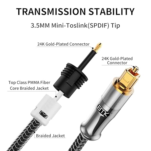 EMK 24K Gold-Plated Toslink to Mini Toslink Cable (30ft/10M) - Digital Optical Audio Cable with 3.5mm Mini Plug for Soundbar, Home Theater, TV - Silver SPDIF Fiber Optic Cable