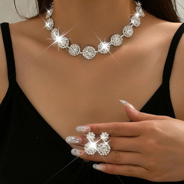 Unicra Bridal Wedding Jewelry Set Silver Rhinestone Necklace Earrings Sets Formal Costume Jewelry for Women and Brides
