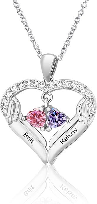 MissNaNa Sterling Silver Personalized 2 Names Heart Necklace with 2 Birthstone Couple I Love You Heart Pendant Necklace Jewelry Gift for Her Wife Girlfriend Mom