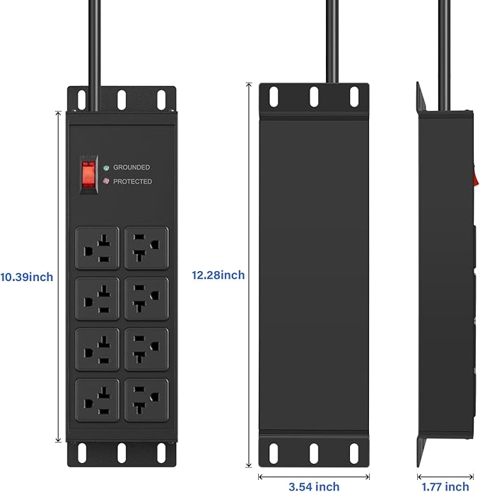 CCCEI Black Heavy Duty Power Strip Surge Protector 20 AMP, 8 Outlets 12 Gauge Industrial Shop Garage Metal Multiple Outlets, 4 FT Extension Cord 5-15P Adapter High Amp 6-20R T-Slot 20a for Appliance