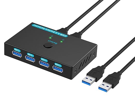 SGEYR USB 3.0 Switch USB Switcher 2 Computers Sharing 4 USB Devices USB Metal KVM Switch for Printer, Keyboard switches, Scanner PCs with One-Button Swapping and 2 Pack USB Cables