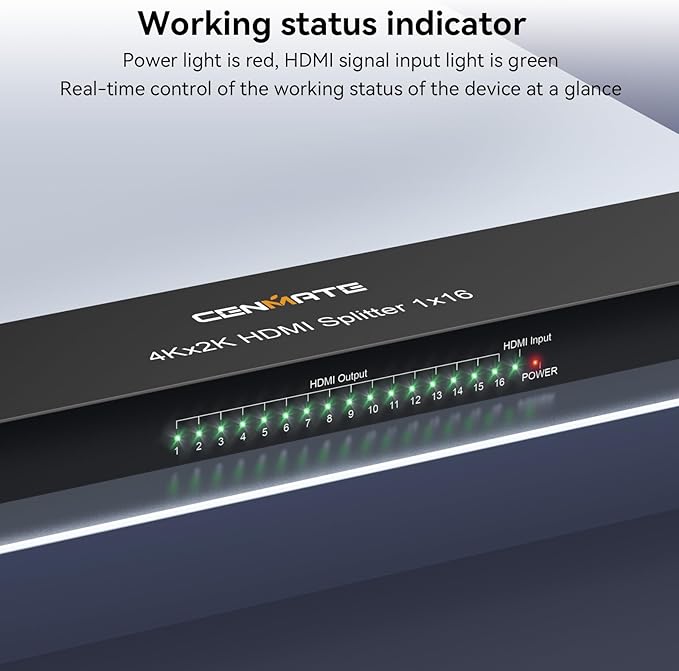 HDMI Splitter 1 in 16 Out, 16 Port HDMI Splitter Support 4Kx2K@30Hz Duplicate/Mirror, HDM 1.4, EDID, 3D Video Play, 10.2Gbps, HDCP, Deep Color 24bit/36bit