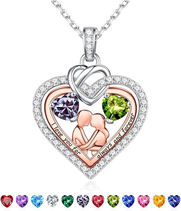 Iefil Valentines Day Gifts for Her - 925 Sterling Silver Double Heart Birthstone Necklace for Women, Anniversary Birthday Gifts for Wife I Love You Gift Couple Sitting Hugging Each Other Jewelry Gift