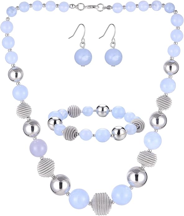 PEARL&CLUB Beaded Chunky Statement Necklace Earring and Bracelet Set Silver Metal Bead Fashion Jewelry Set Mothers’ Day Gifts for Women