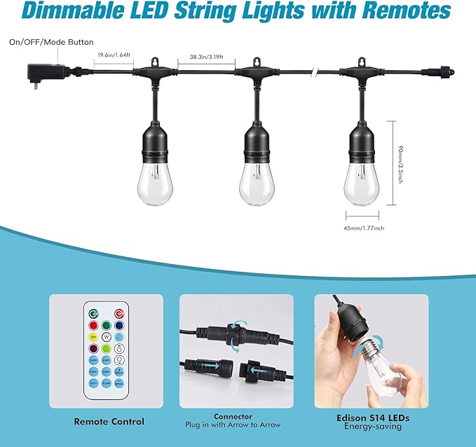 Auroraworld 96FT RGB Outdoor String Lights, Dimmable Color Changing Waterproof LED Patio Lights with Remote, 30 Shatterproof Bulbs for Garden Yard Party Decor
