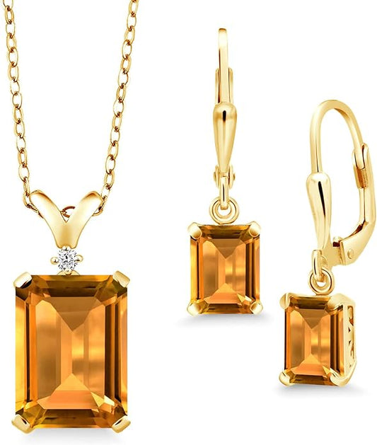 Gem Stone King 9-13 Cttw Pendant and Earrings Jewelry Set For Women | Emerald Cut 14X10MM and 8X6MM | Round 1.5MM | Gemstone Birthstone and Diamond | 925 Sterling Silver | 18 Inch Silver Chain