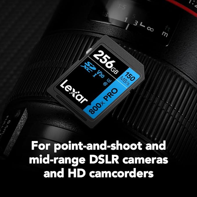 Lexar 256GB High-Performance 800x PRO SD Card, UHS-I, C10, U3, V30, 4K, Up to 150MB/s Read SDXC Memory Card, for Point-and-Shoot & Mid-Range DSLR Cameras, HD Camcorders (LSD0800P256G-BNNNU)