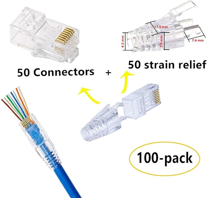 PETECHTOOL RJ45 CAT6 Pass Through Connectors Gold Plated 8P8C Plugs and Strain Relief (50xcat6plug+50xstrain Relief)