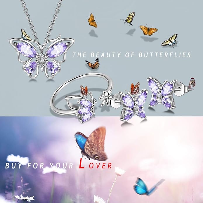 925 Sterling Silver Birthstone Butterfly Jewelry Women Crystal Animal Cute Butterflies Birthday Necklace/Earring/Ring/Bracelet Sets Birth Stone Statement Anniversary Jewellery