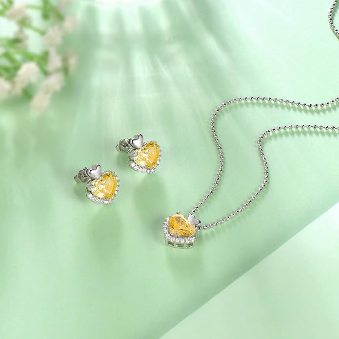 Love Heart Necklaces and Earrings with Rose Cut Birthstone Silver Plated Elegant Jewelry Set for Women CS0002
