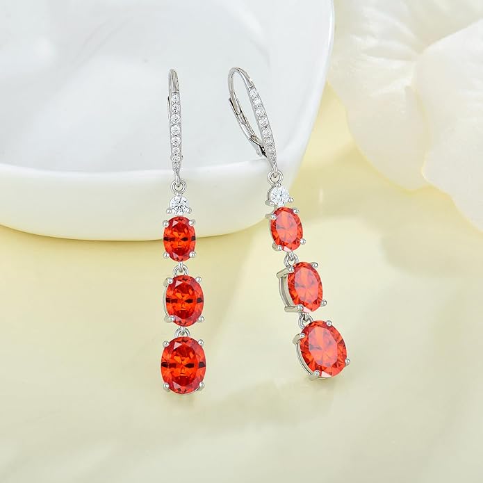 Women 925 Sterling Silver Birthstone 3-stone Leverback Drop Dangle Earrings 5A Cubic Zirconia Jewelry for Her
