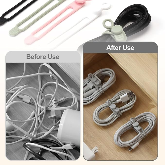 20pcs Data Cable Organizer, 2025 New Silicone Cable Ties Cable Management Organizer, 106mm Reusable Cord Organizer, Colorful Wire Organizers for Cords (20)
