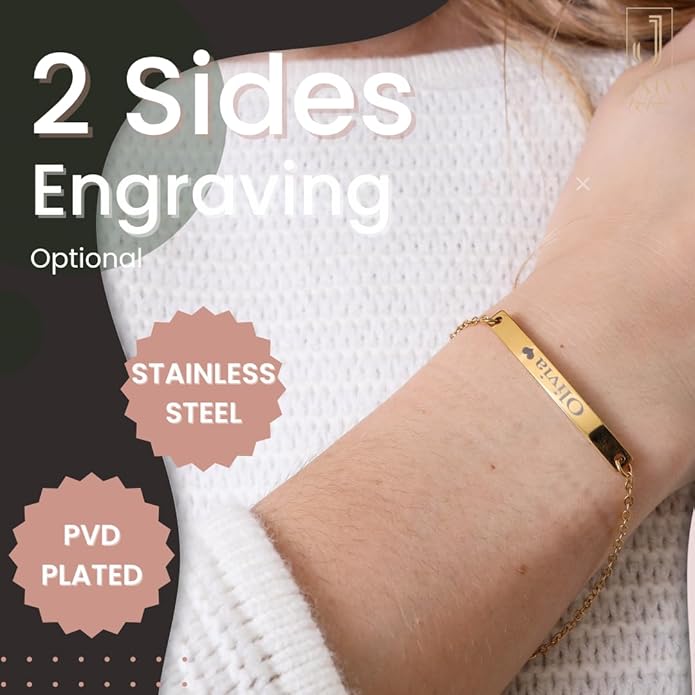 Adults Personalized Name Engraved Bracelet for Women/Men – PVD Gold Plated Stainless Steel - Non Tarnish – Custom ID Tag – Adjustable Chain – Double Side Engraving (Luxury)