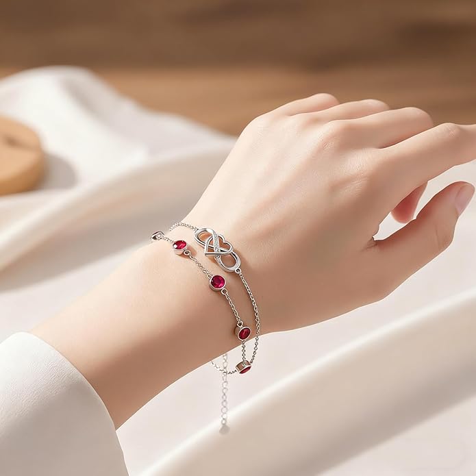 Prismata Infinity Birthstone Charm Link Bracelet 925 Sterling Silver Adjustable 12 Months Birthstone Infinity Bracelet Birthday Jewelry Gifts for Women Mom Her,with 7"+2" chain