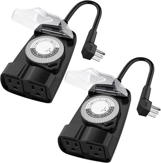 G-Homa 24 Hour Mechanical Outdoor Timer Outlet, Outdoor Timer for Lights, Waterproof, 2 Grounded Outlets, 15A 1/2HP, Heavy Duty, ETL Listed (2 Packs)