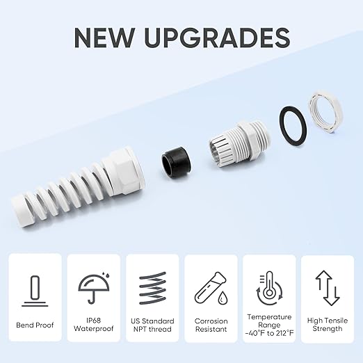 Strain Relief Cord Connector,LISTENJIALE 2Pcs NPT 1/2" Waterproof Cable Gland Flex Spiral Strain Relief Adjustable 6-12mm Cable Connector Nylon Joint with Gaskets(Grey)