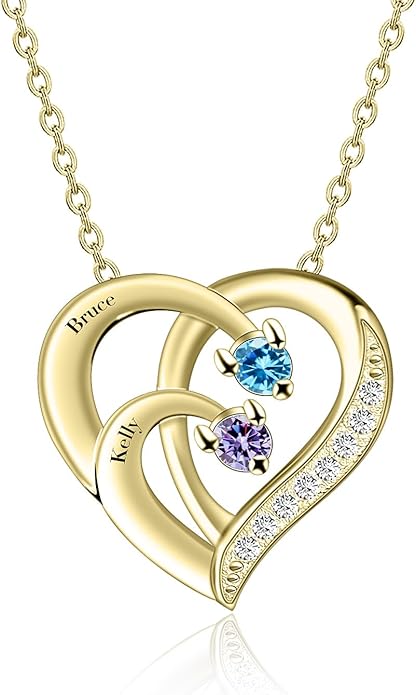 MissNaNa Sterling Silver Personalized 2 Names Heart Necklace with 2 Birthstone Couple I Love You Heart Pendant Necklace Jewelry Gift for Her Wife Girlfriend Mom