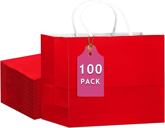 qiqee 100PCS Large Gift Bag with Handles Bulk 13"x4.5"x10" Gift Bags Red Multiple Uses (32x11x25cm,Wide Large)