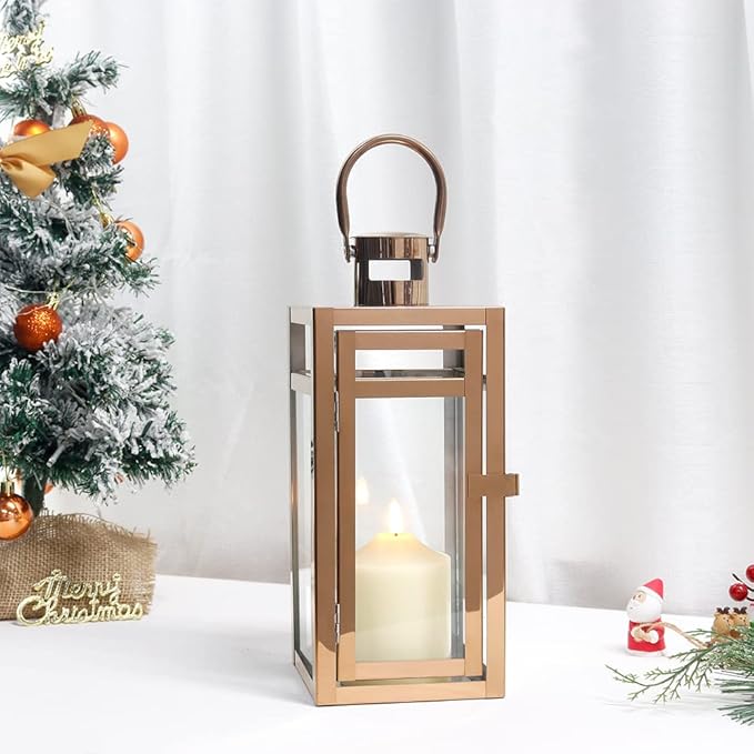 TRIROCKS Set of 2 Stainless Steel Decorative Lantern 12'' High Metal Candle Holder with Clear Glass Panels Perfect for Home Decor Living Room Parties Events Tabletop Indoors Outdoors (Rose Gold)