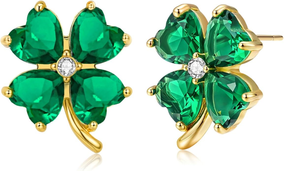 VONSSY Four Leaf Clover Necklace Earrings Shamrock Irish ST Patricks Jewelry Set Gift 18k Gold Plated Green Emerald Zircon Diamond Crystal Lucky Saint Pendant for Woman Wife Girlfriend Mom