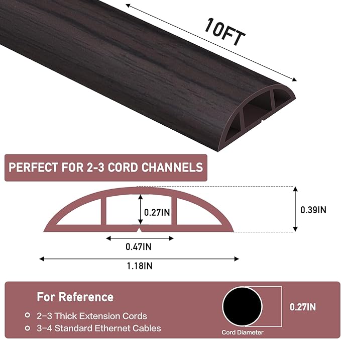 Floor Cord Cover Self Adhesive Cord Hider Floor Extension Cord Covers for Floor Power Cord Protector Cable Management Prevent Cable Trips Cable Cavity 0.47" W x 0.27" H (Dark Walnut, 10Ft)