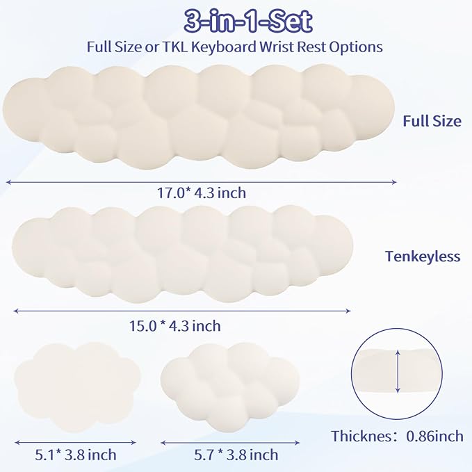 Cloud Wrist Rest Keyboard, Cloud Keyboard Wrist Pad Set with PU Leather Memory Foam, Cute Arm Rest for Palm Support, PC/Gaming Desk Accessories/Office Setup/Computer Hand Cushion - Beige