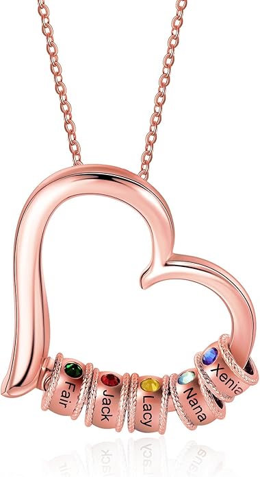 Personalized Women's Pendant Necklace 925 Sterling Silver with 1-5 Simulated Birthstone Names Customized Heart Shape Cubic Zirconia Necklace