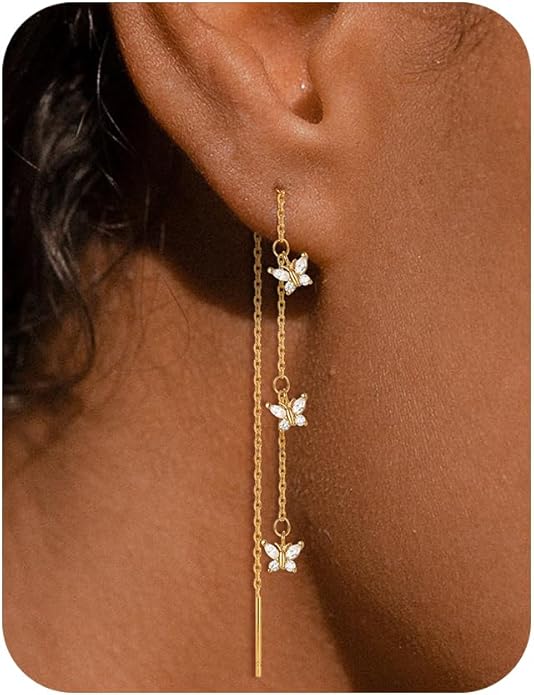 Gold Silver Dangle Earrings for Women Trendy 14K Gold Plated Drop Long Threader Chain Dangling Earring Hypoallergenic Pearl Butterfly Flower Clover CZ Wedding Earrings for Brides Jewelry Gifts