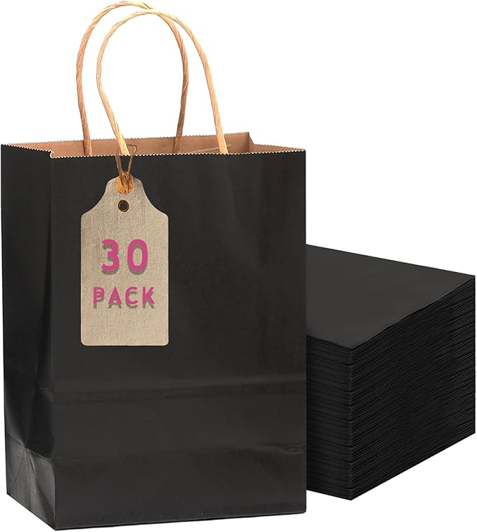 qiqee 30-Packs Black Gift Bags with Handles Bulk 10.8"x8.3"x4.3" Medium Size Kraft Paper Bags Multiple Uses (Medium Size)