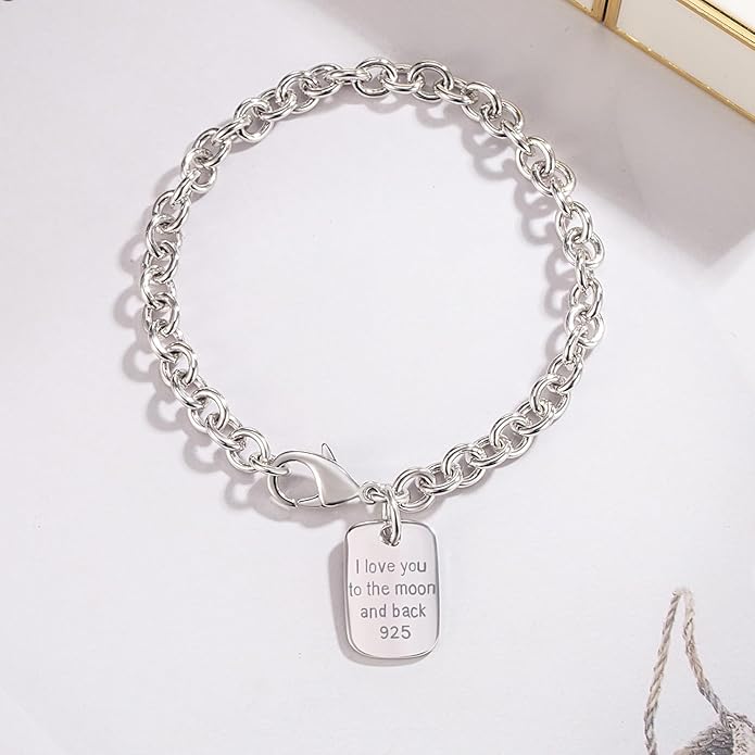 Dankadi Women 925 Sterling Silver Round Cable Wire Link Bracelet Charm Heart-Bell-Square-Circle Pendant Chain Bangle Fine Jewelry Gift For Wife Her