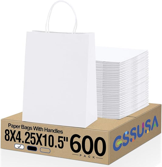 GSSUSA 600 Pack 8x4.25x10'' Paper Bags with Handles Bulk, White Paper Gift Bags for Small Business