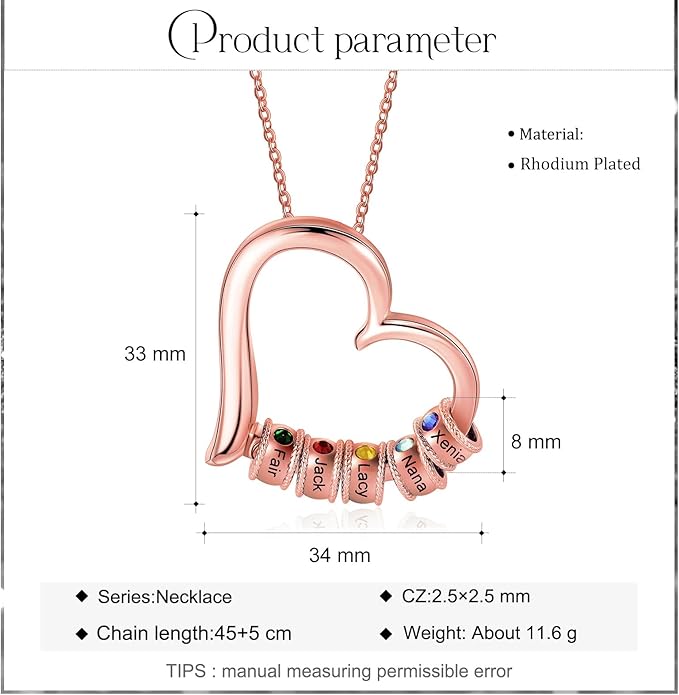 Personalized Women's Pendant Necklace 925 Sterling Silver with 1-5 Simulated Birthstone Names Customized Heart Shape Cubic Zirconia Necklace
