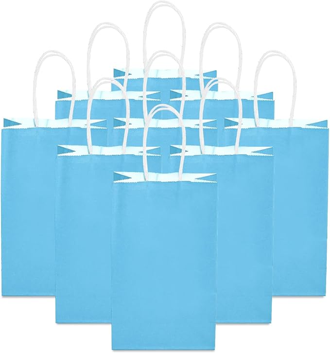 DjinnGlory 100 Pack Small Sized Blue Paper Bags with Handles Bulk for Merchandises, Christmas Gifts, Baby Blue Party Goodie Bags for Birthdays, Baby Showers, Weddings, 9x5.5x3.15 Inch