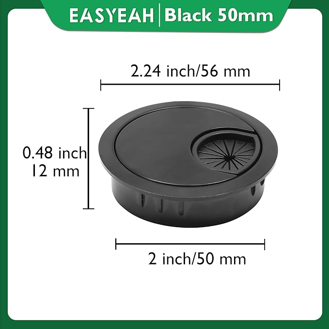 1 Pcs Desk Grommet 2" / 50 mm, Desk Cord Hole Cover, Cable Grommet Metal Zinc Alloy Materilal, Desk Hole Grommet for Home & Office Pc, Detachable Cable Cord Organizer-Flat Black