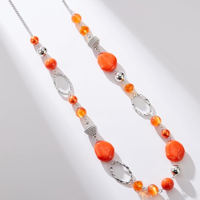 BULINLIN Beaded Long Necklace for Women Silver Sweater Chain Necklace with Crystal Resin Beads, Fashion Jewelry Necklace