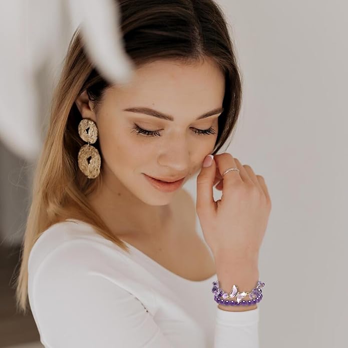 Artlunar Purple Butterfly Healing Bracelet, Gift Charm Jewelry with Beaded Bracelet for Women