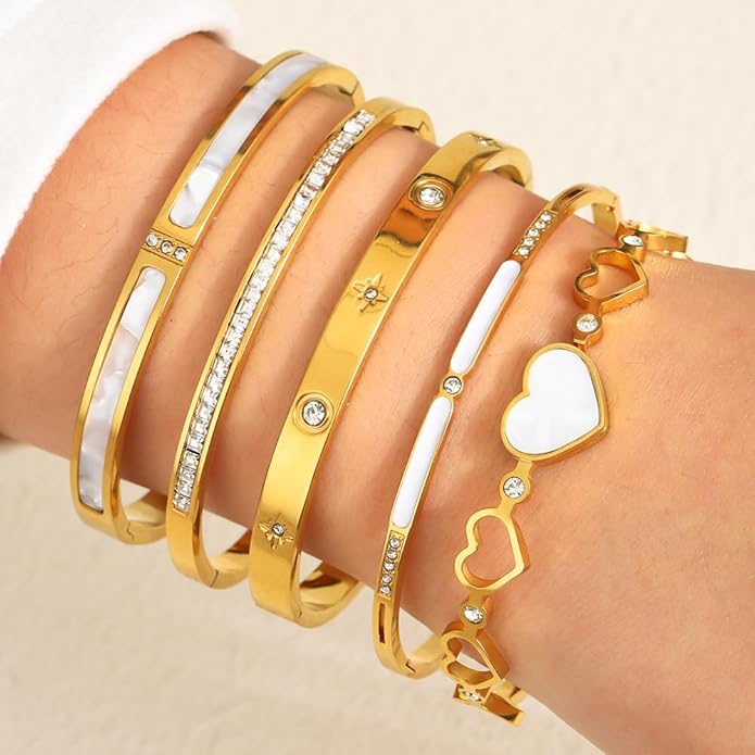 ZhiRui Women's 18K Gold Plated Stackable Bracelet Set - Waterproof Mother of Pearl Heart Cubic Zirconia Jewelry Gifts for Women