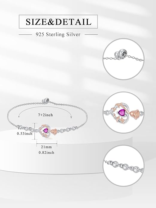 Birthstone Charm Link Bracelet 925 Sterling Silver Rose/Heart/Mom Bracelet with 12 Months Birthstone Mother's Day Gift Jewelry Gifts for Women,Chain Length 7"+2" Extend