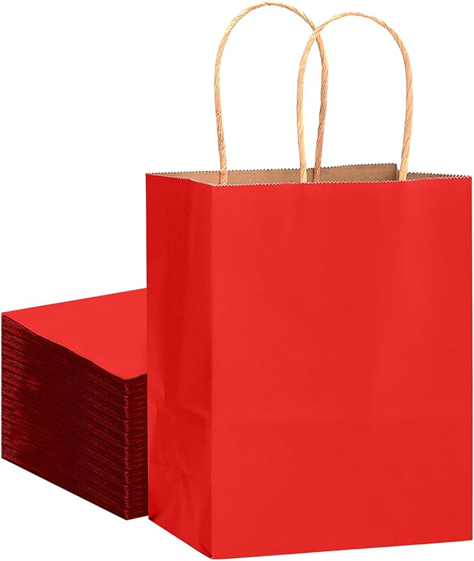 qiqee Large Kraft Paper Bags with Handles 13"x10"x5" 32 pcs Gift Paper Bag Wine Red Solid Color Bags（Large Size）