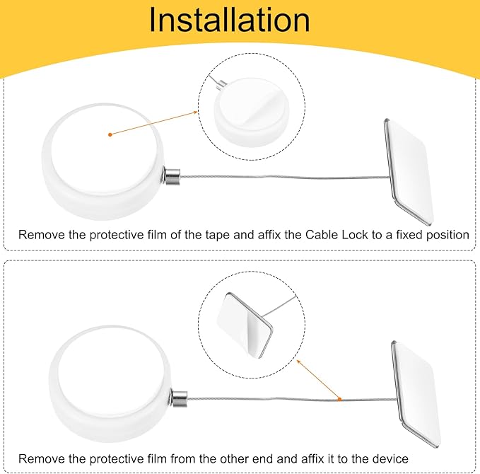 MECCANIXITY 3.3ft Retractable Cable Lock with Square Patch Remote Control Security Lock with Adjustable Cord Tether Anti Theft for Laptop, TV, 150 G, White, 4 Pack