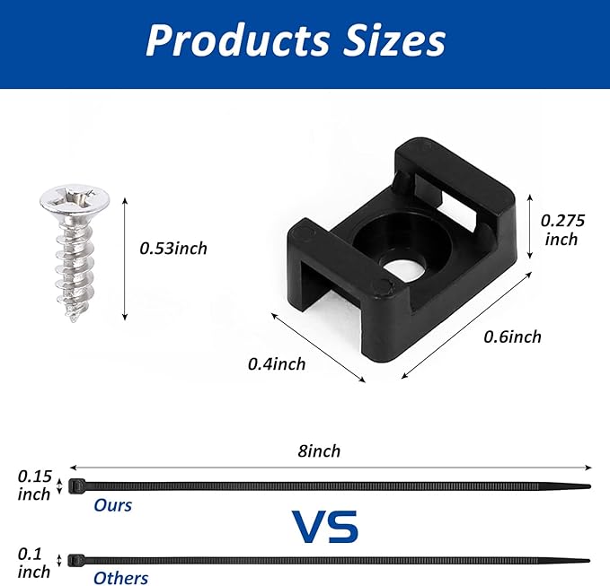 Cable Zip Tie Mounts Kit - 120 Set Wire Cable Clips Organizer Holders with 8" Cable Ties, Saddle Type Mounts Base and Tapping Screw, Black