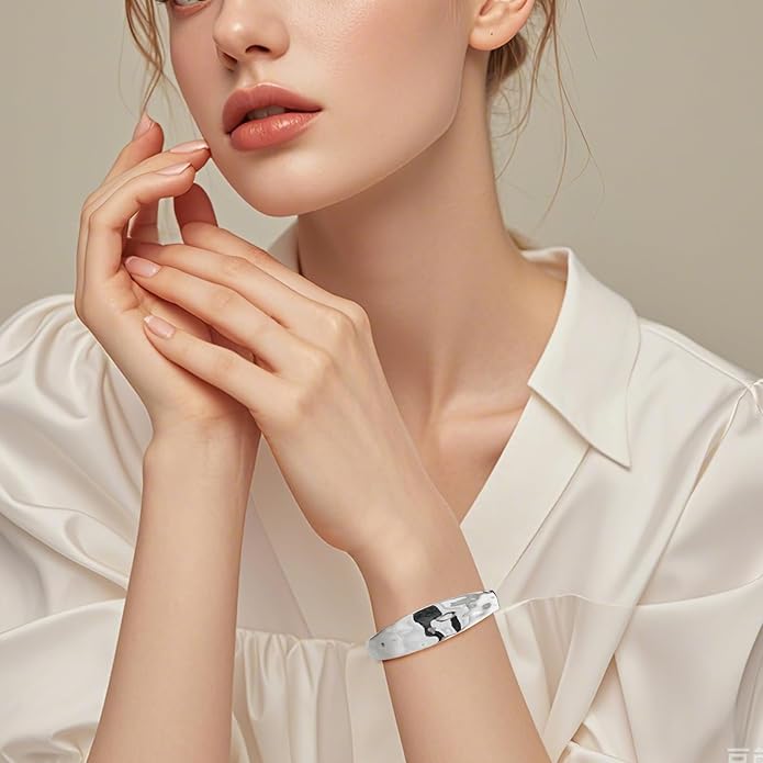 Sterling Silver Chunky Cuff Bracelet Vintage Hammered Texture Style Statement Open Bangle Bracelets for Women