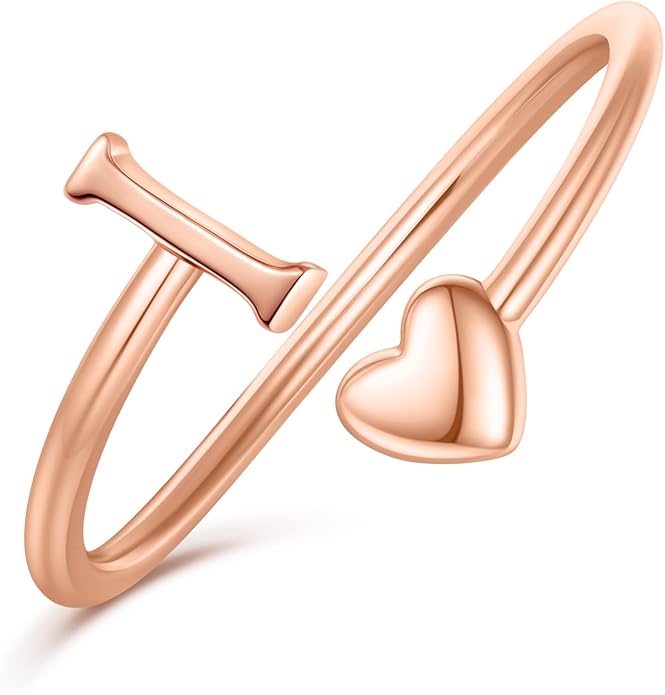 Initial Rings for Women Girls - Valentines Day Gifts for Her, Adjustable Rings for Women Non Tarnish Letter A-Z Dainty Heart Ring Teen Girls Gifts Trendy Stuff Personalized Jewelry Gift