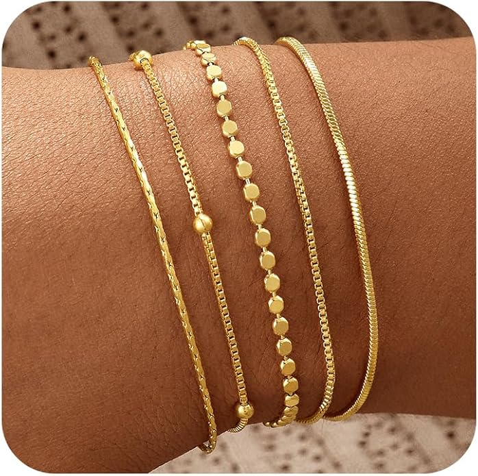 Gold Bracelets for Women, 14K Gold Plated Stackable Bracelet Stack Set Adjustable Charm Paperclip Chain Snake Link Layered Waterproof Jewelry Sets Gifts